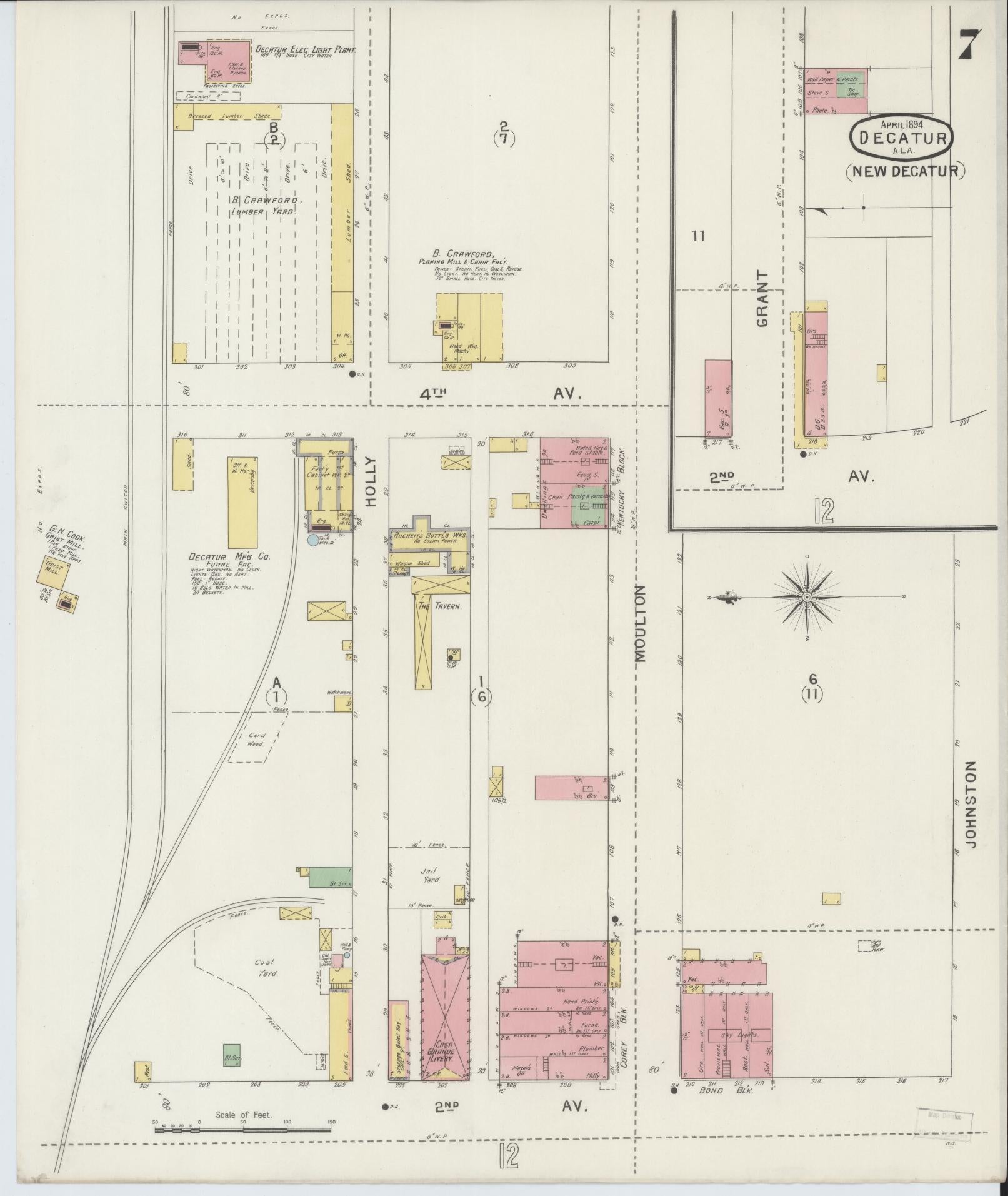 Sanborn Fire Insurance Map from Decatur, Morgan County, Alabama (1894), Sheet #0007 - Historic Sanborn Fire Insurance Map Print, vintage old map wall art, antique decor, genealogy gift, Alabama Alabama map