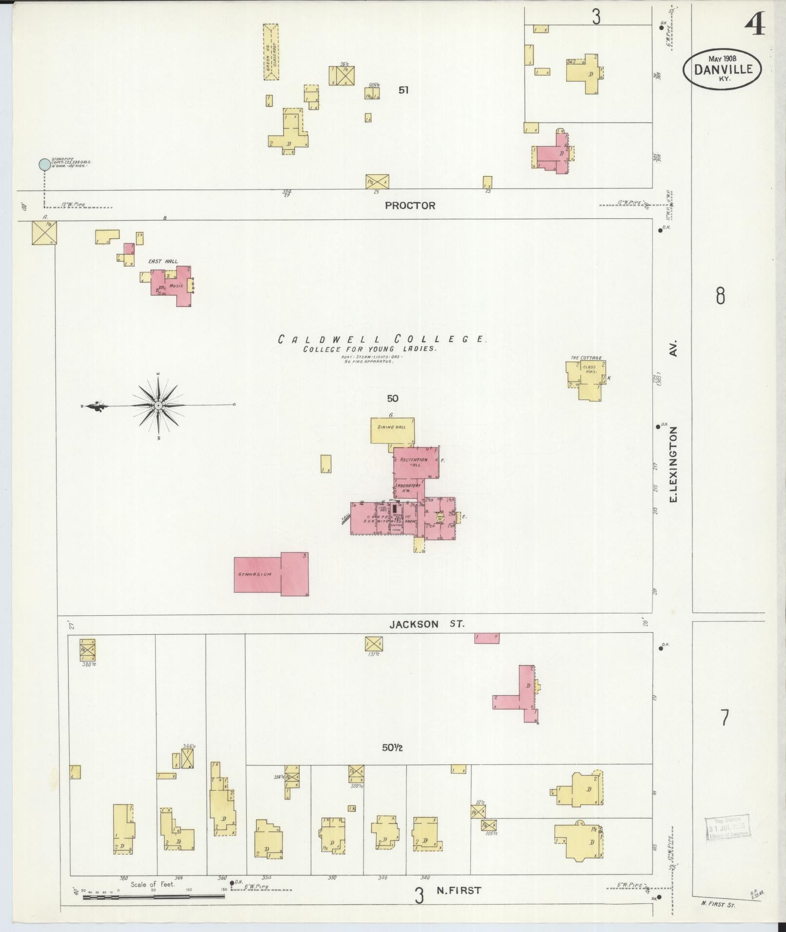 Sanborn Fire Insurance Map from Danville, Boyle County, Kentucky (1908), Sheet #0004 - Historic Sanborn Fire Insurance Map Print, vintage old map wall art, antique decor, genealogy gift, Kentucky Kentucky map