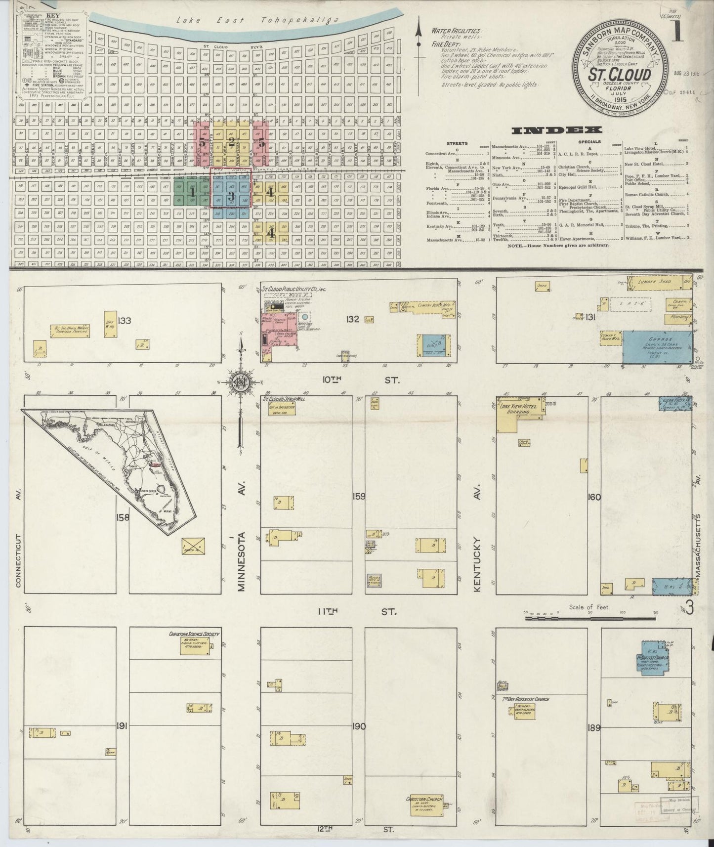 Sanborn Fire Insurance Map from Saint Cloud, Osceola County, Florida (1915), Sheet #0001 - Historic Sanborn Fire Insurance Map Print, vintage old map wall art, antique decor, genealogy gift, Florida Florida map