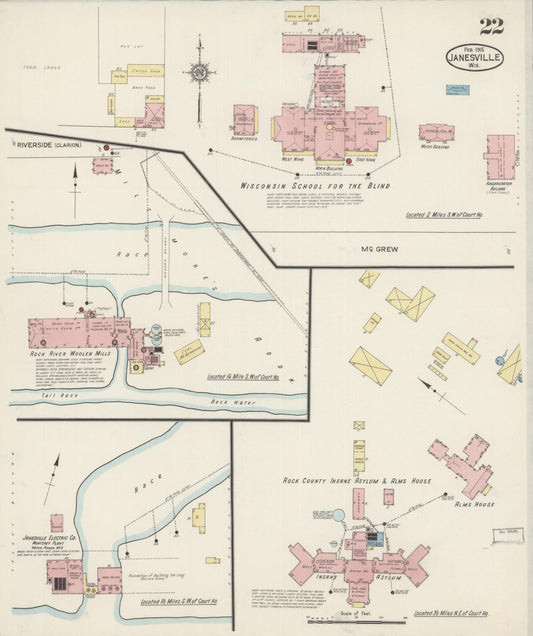 Sanborn Fire Insurance Map from Janesville, Rock County, Wisconsin (1915), Sheet #0022 - Historic Sanborn Fire Insurance Map Print, vintage old map wall art, antique decor, genealogy gift, Wisconsin Wisconsin map