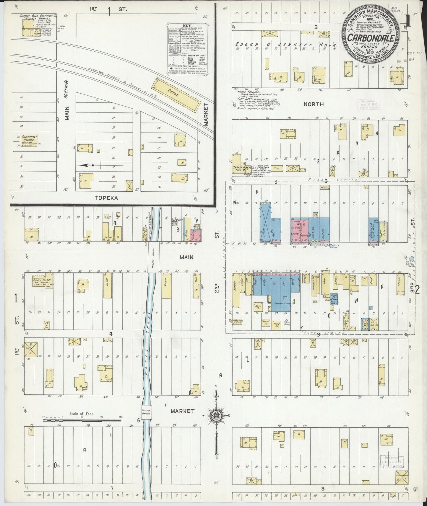 Sanborn Fire Insurance Map from Carbondale, Osage County, Kansas (1912), Sheet #0001 - Historic Sanborn Fire Insurance Map Print, vintage old map wall art, antique decor, genealogy gift, Kansas Kansas map