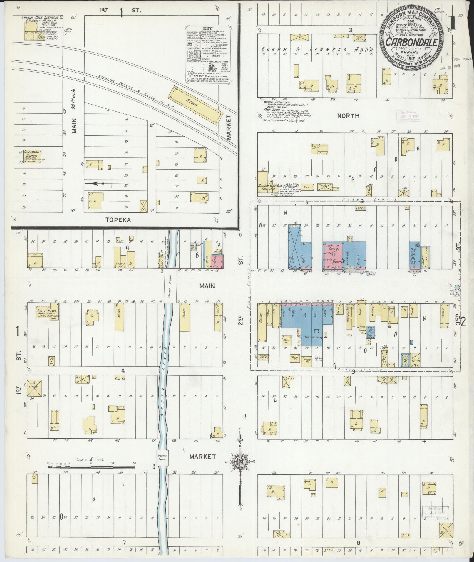 Sanborn Fire Insurance Map from Carbondale, Osage County, Kansas (1912), Sheet #0001 - Historic Sanborn Fire Insurance Map Print, vintage old map wall art, antique decor, genealogy gift, Kansas Kansas map