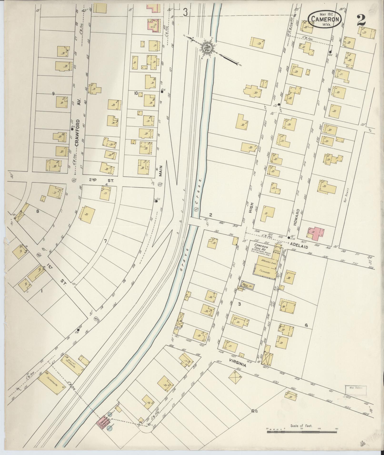 Sanborn Fire Insurance Map from Cameron, Marshall County, West Virginia (1912), Sheet #0002 - Historic Sanborn Fire Insurance Map Print, vintage old map wall art, antique decor, genealogy gift, West Virginia West Virginia map