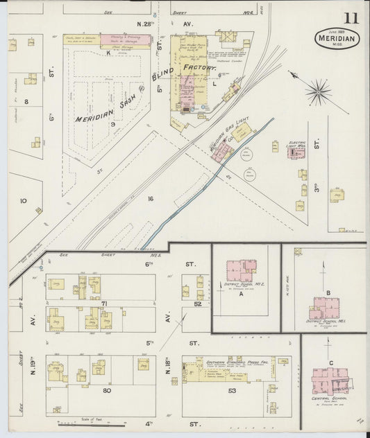 Sanborn Fire Insurance Map from Meridian, Lauderdale County, Mississippi (1889), Sheet #0011 - Historic Sanborn Fire Insurance Map Print, vintage old map wall art, antique decor, genealogy gift, Mississippi Mississippi map