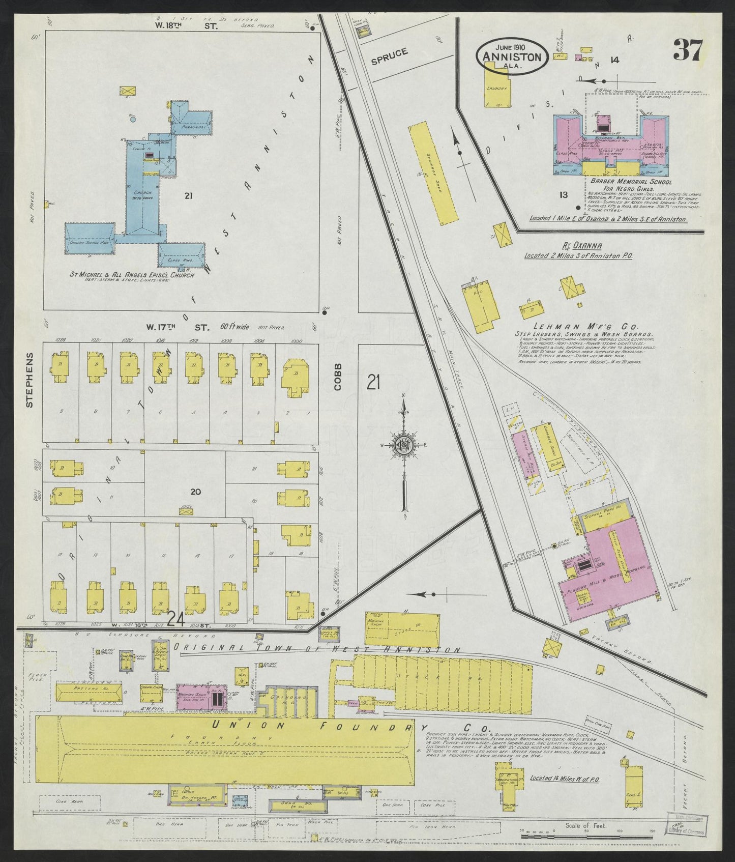 Sanborn Fire Insurance Map from Anniston, Calhoun County, Alabama (1910), Sheet #0037 - Complete Map Set gallery image, historic Sanborn map, vintage wall art, Alabama Alabama