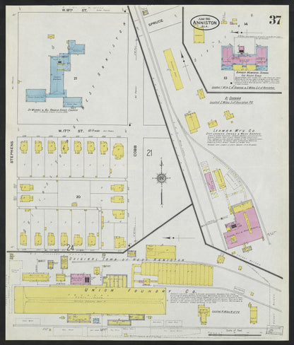 Sanborn Fire Insurance Map from Anniston, Calhoun County, Alabama (1910), Sheet #0037 - Complete Map Set gallery image, historic Sanborn map, vintage wall art, Alabama Alabama