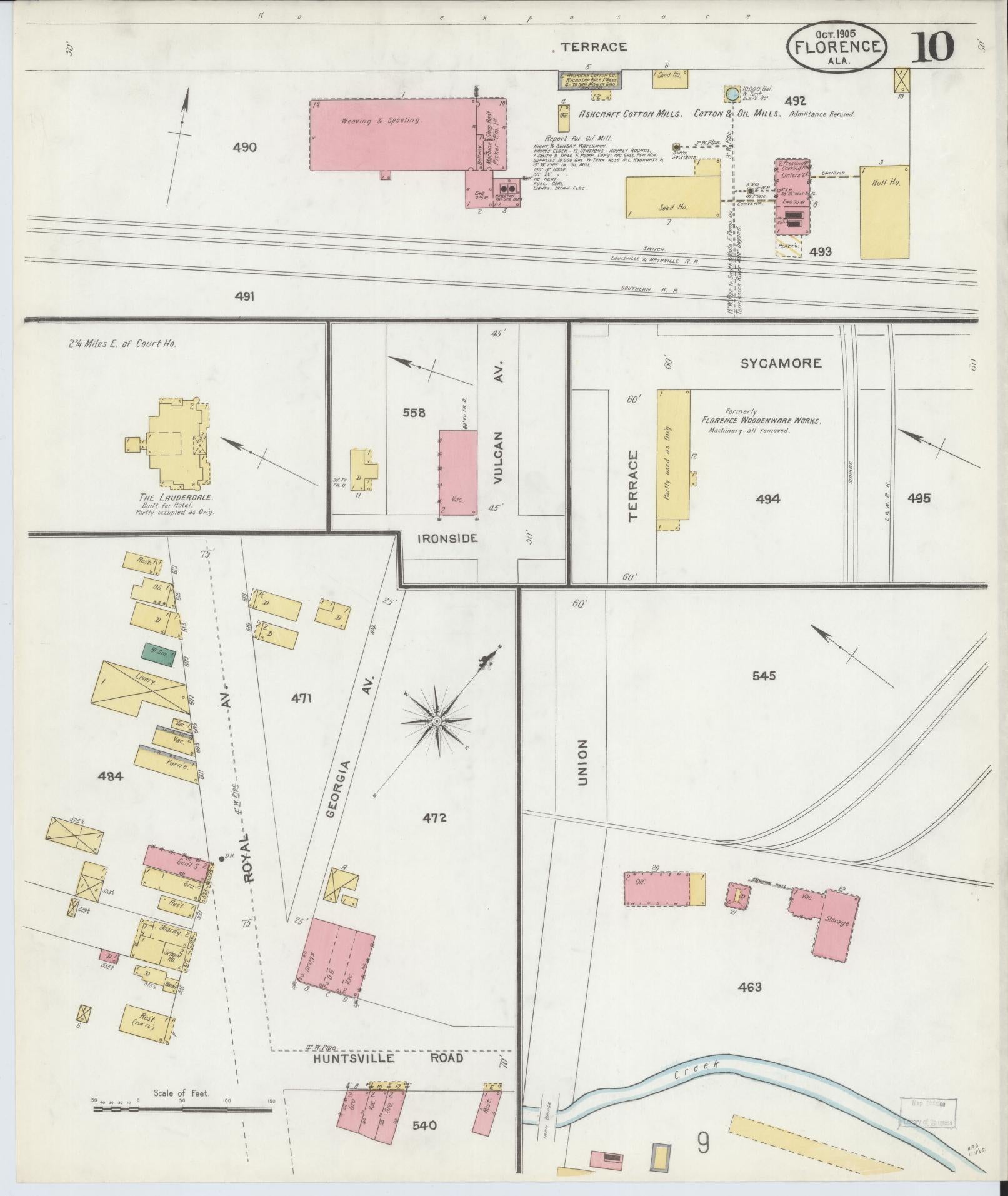 Sanborn Fire Insurance Map from Florence, Lauderdale County, Alabama (1905), Sheet #0010 - Historic Sanborn Fire Insurance Map Print, vintage old map wall art, antique decor, genealogy gift, Alabama Alabama map