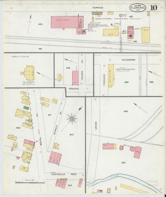 Sanborn Fire Insurance Map from Florence, Lauderdale County, Alabama (1905), Sheet #0010 - Historic Sanborn Fire Insurance Map Print, vintage old map wall art, antique decor, genealogy gift, Alabama Alabama map