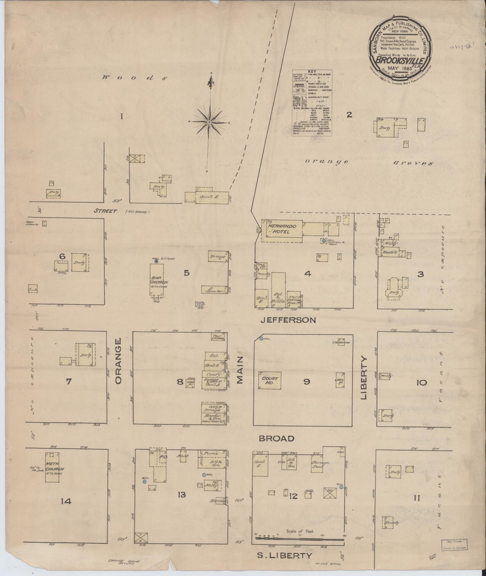 Sanborn Fire Insurance Map from Brooksville, Hernando County, Florida (1885), Sheet #0001 - Historic Sanborn Fire Insurance Map Print, vintage old map wall art, antique decor, genealogy gift, Florida Florida map
