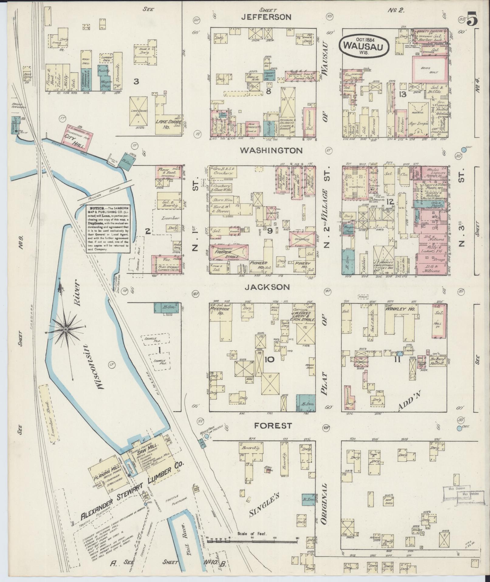 Sanborn Fire Insurance Map from Wausau, Marathon County, Wisconsin (1884), Sheet #0005 - Historic Sanborn Fire Insurance Map Print, vintage old map wall art, antique decor, genealogy gift, Wisconsin Wisconsin map
