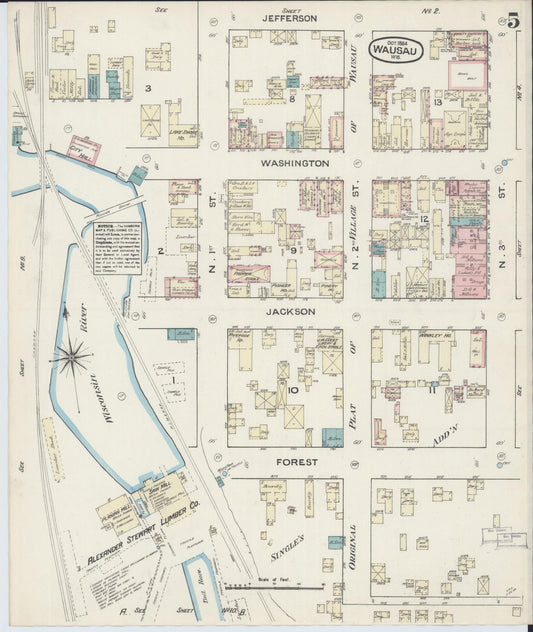 Sanborn Fire Insurance Map from Wausau, Marathon County, Wisconsin (1884), Sheet #0005 - Historic Sanborn Fire Insurance Map Print, vintage old map wall art, antique decor, genealogy gift, Wisconsin Wisconsin map