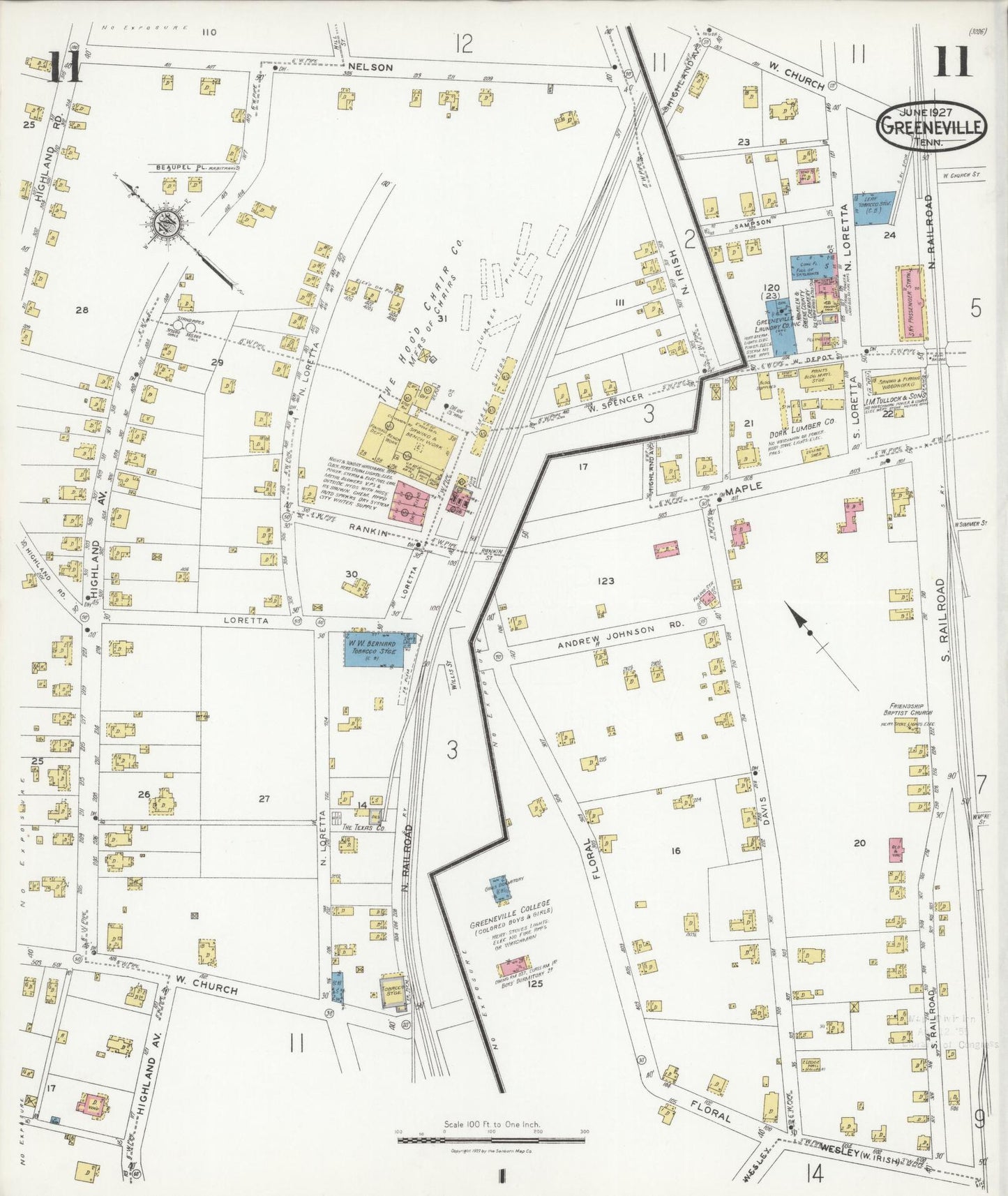 Sanborn Fire Insurance Map from Greeneville, Greene County, Tennessee (1927), Sheet #0011 - Complete Map Set gallery image, historic Sanborn map, vintage wall art, Tennessee Tennessee