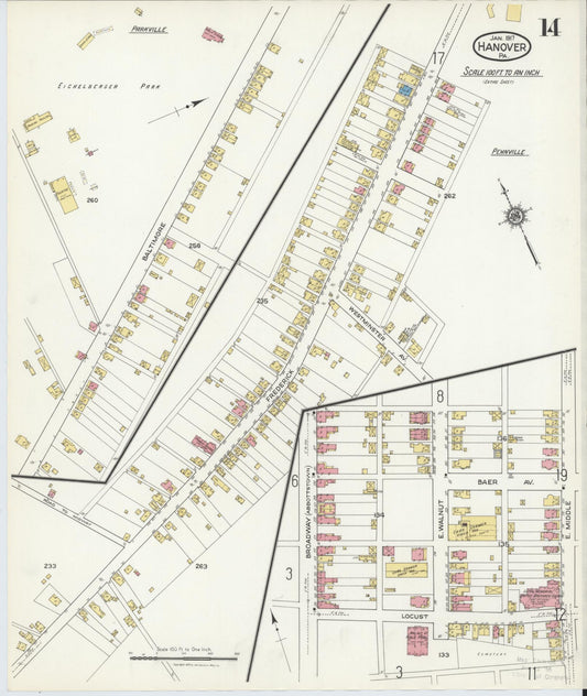 Sanborn Fire Insurance Map from Hanover, York County, Pennsylvania (1917), Sheet #0014 - Historic Sanborn Fire Insurance Map Print, vintage old map wall art, antique decor, genealogy gift, Pennsylvania Pennsylvania map