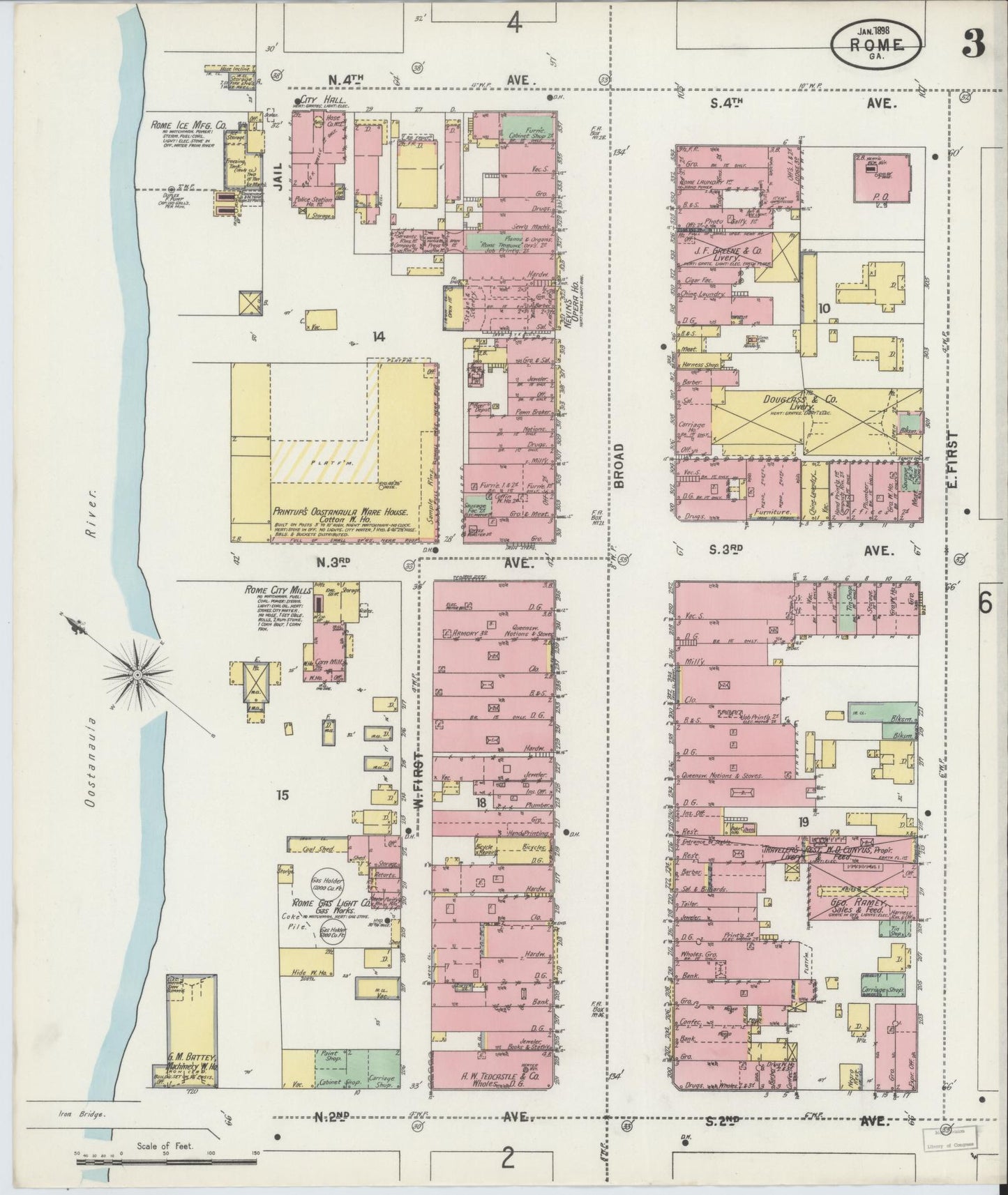 Sanborn Fire Insurance Map from Rome, Floyd County, Georgia (1898), Sheet #0003 - Historic Sanborn Fire Insurance Map Print, vintage old map wall art, antique decor, genealogy gift, Georgia Georgia map