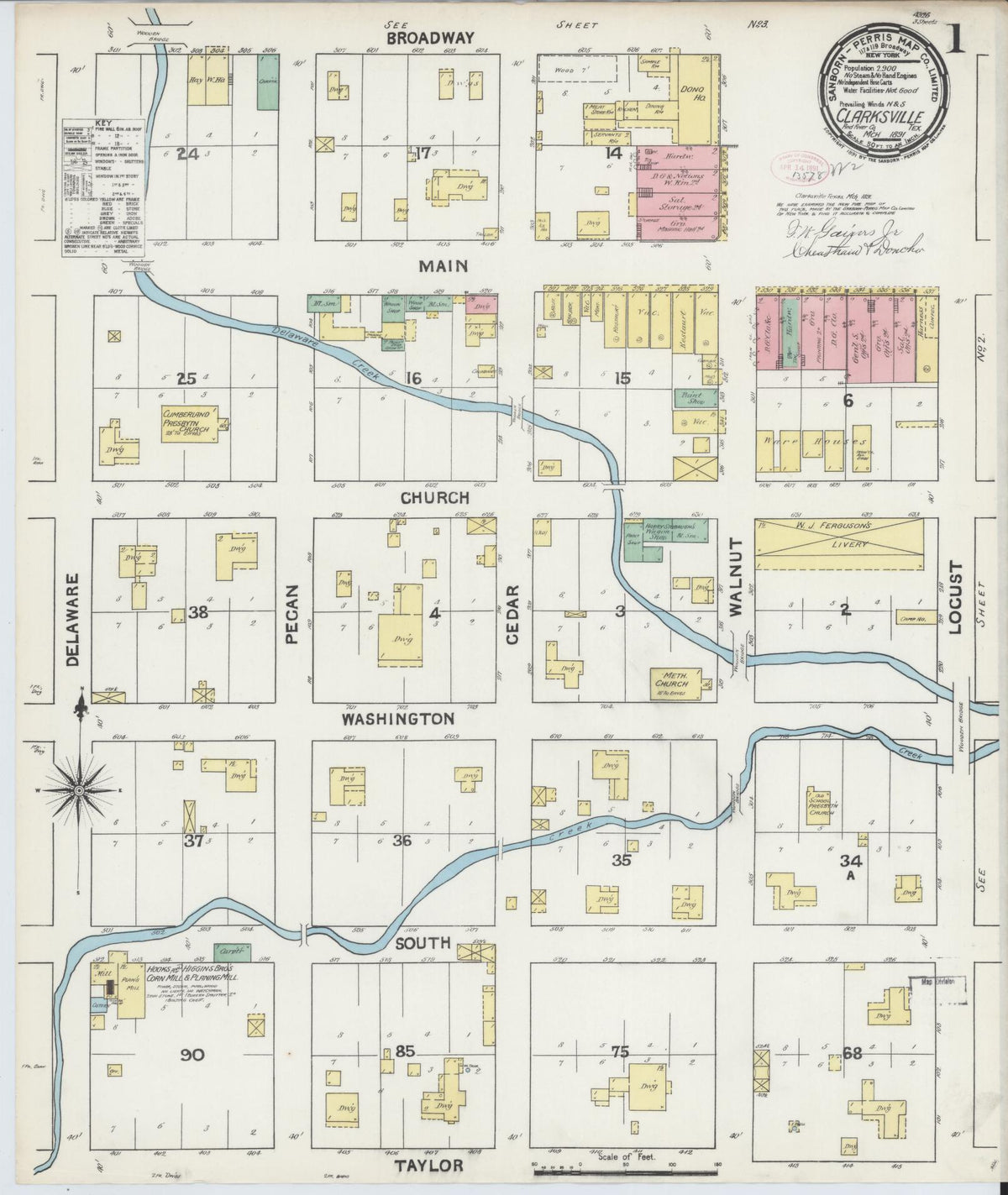 Sanborn Fire Insurance Map from Clarksville, Red River County, Texas (1891), Sheet #0001 - Complete Map Set gallery image, historic Sanborn map, vintage wall art, Texas Texas