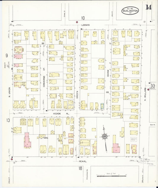 Sanborn Fire Insurance Map from Burlington, Chittenden County, Vermont (1912), Sheet #0014 - Historic Sanborn Fire Insurance Map Print, vintage old map wall art, antique decor, genealogy gift, Vermont Vermont map