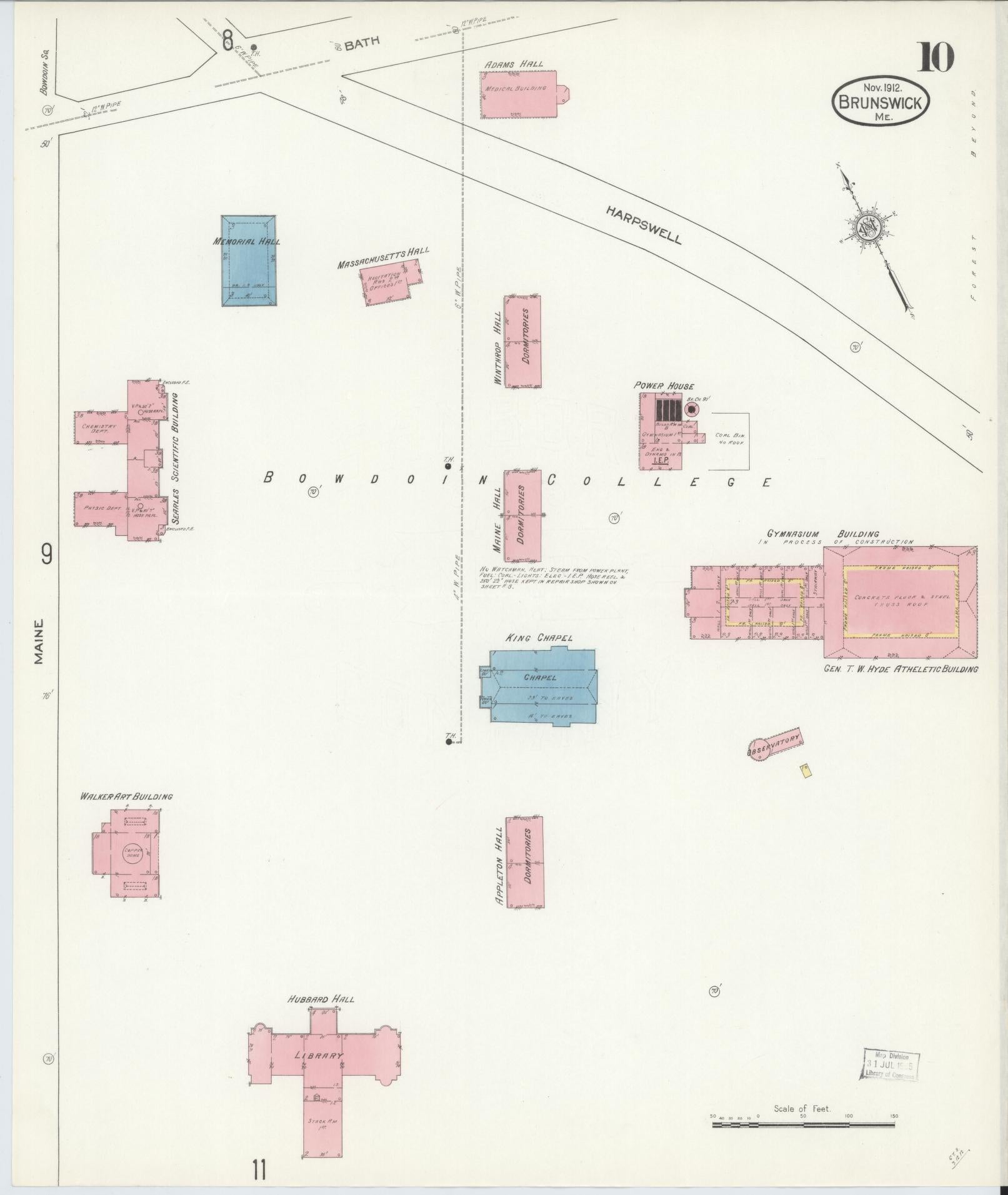 Sanborn Fire Insurance Map from Brunswick, Cumberland County, Maine (1912), Sheet #0010 - Complete Map Set gallery image, historic Sanborn map, vintage wall art, Maine Maine
