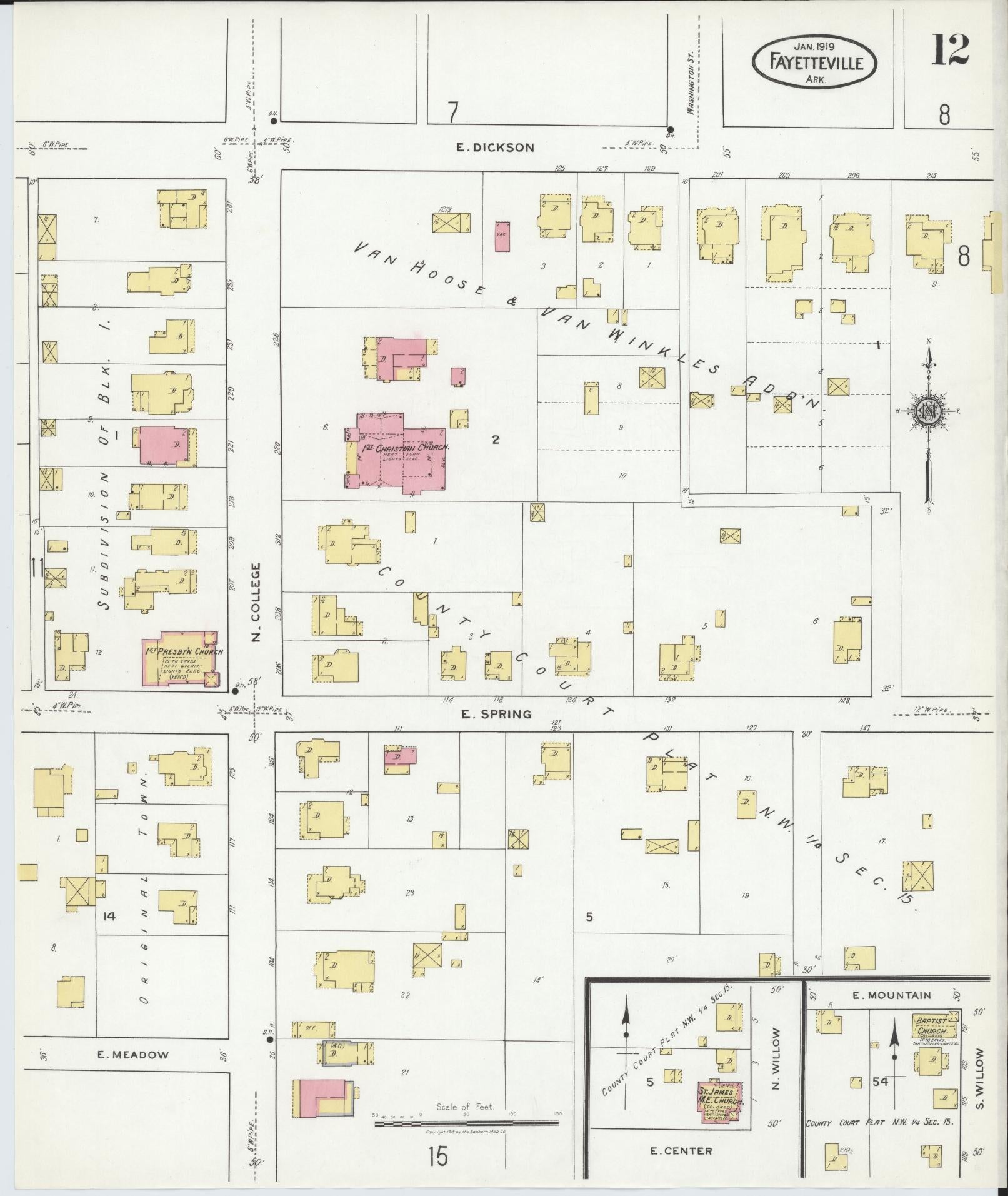 Sanborn Fire Insurance Map from Fayetteville, Washington County, Arkansas (1919), Sheet #0012 - Complete Map Set gallery image, historic Sanborn map, vintage wall art, Arkansas Arkansas