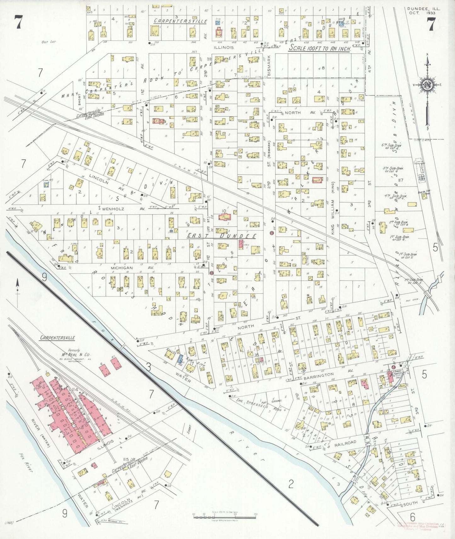 Sanborn Fire Insurance Map from Dundee, Kane County, Illinois (1933), Sheet #0007 - Complete Map Set gallery image, historic Sanborn map, vintage wall art, Illinois Illinois