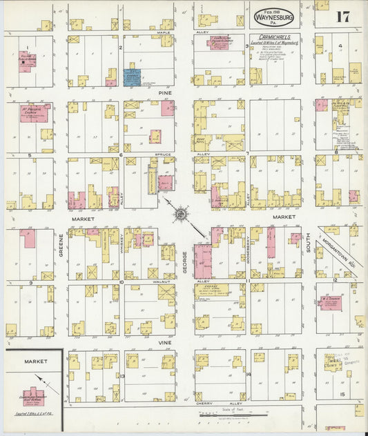 Sanborn Fire Insurance Map from Waynesburg, Greene County, Pennsylvania (1918), Sheet #0017 - Historic Sanborn Fire Insurance Map Print, vintage old map wall art, antique decor, genealogy gift, Pennsylvania Pennsylvania map