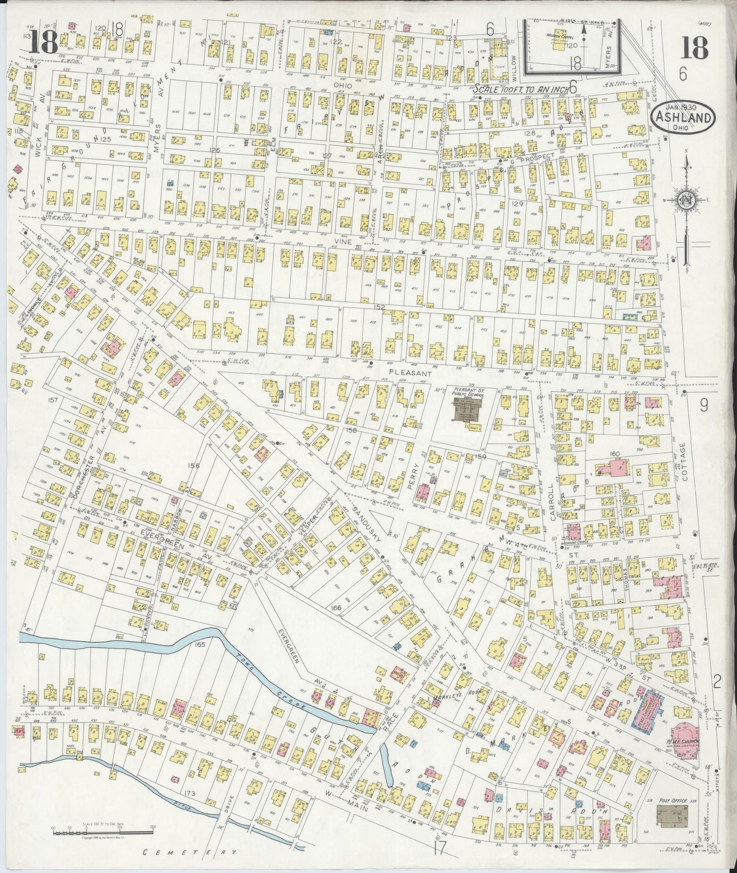 Sanborn Fire Insurance Map from Ashland, Ashland County, Ohio (1930), Sheet #0018 - Historic Sanborn Fire Insurance Map Print, vintage old map wall art, antique decor, genealogy gift, Ohio Ohio map