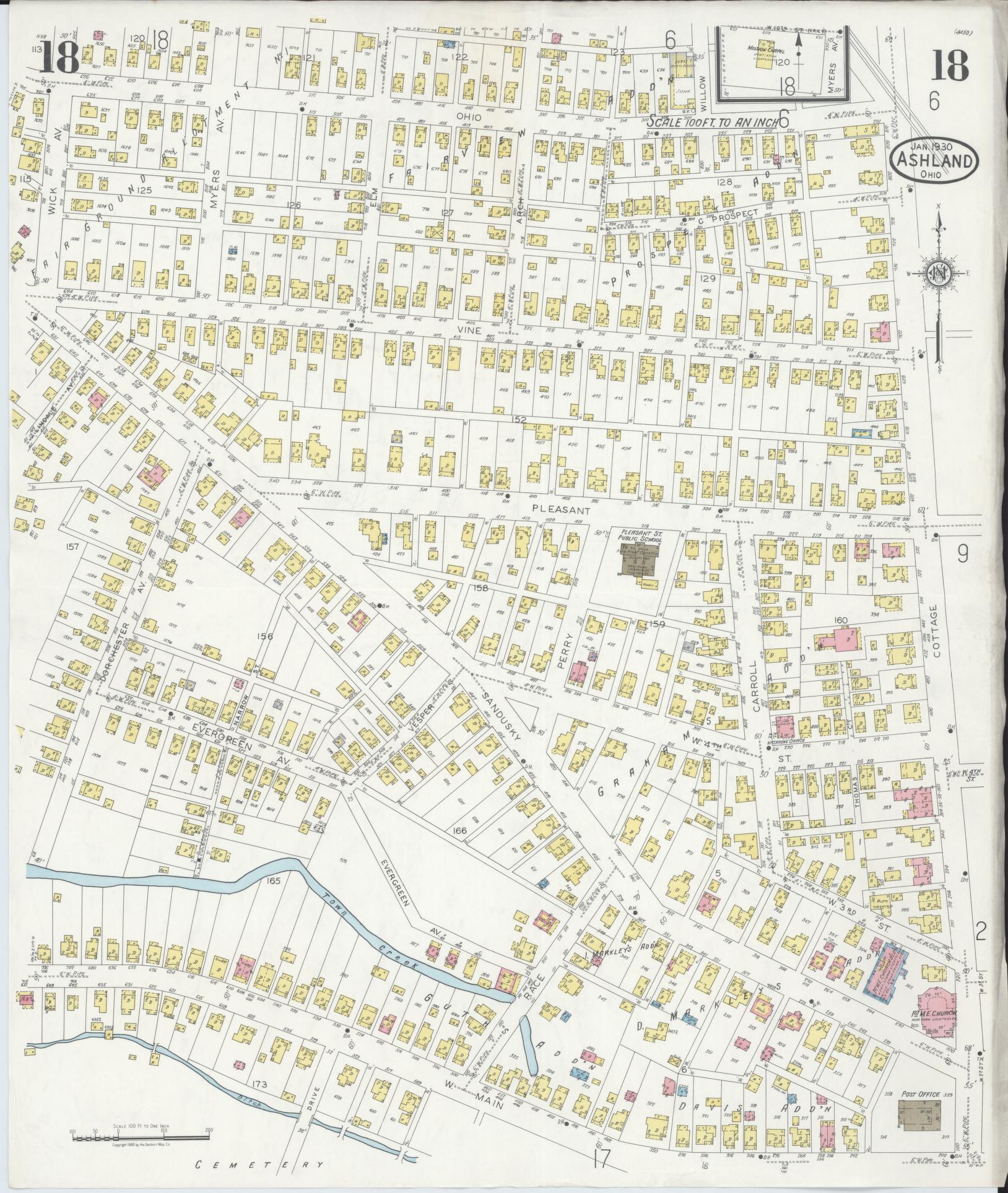Sanborn Fire Insurance Map from Ashland, Ashland County, Ohio (1930), Sheet #0018 - Historic Sanborn Fire Insurance Map Print, vintage old map wall art, antique decor, genealogy gift, Ohio Ohio map