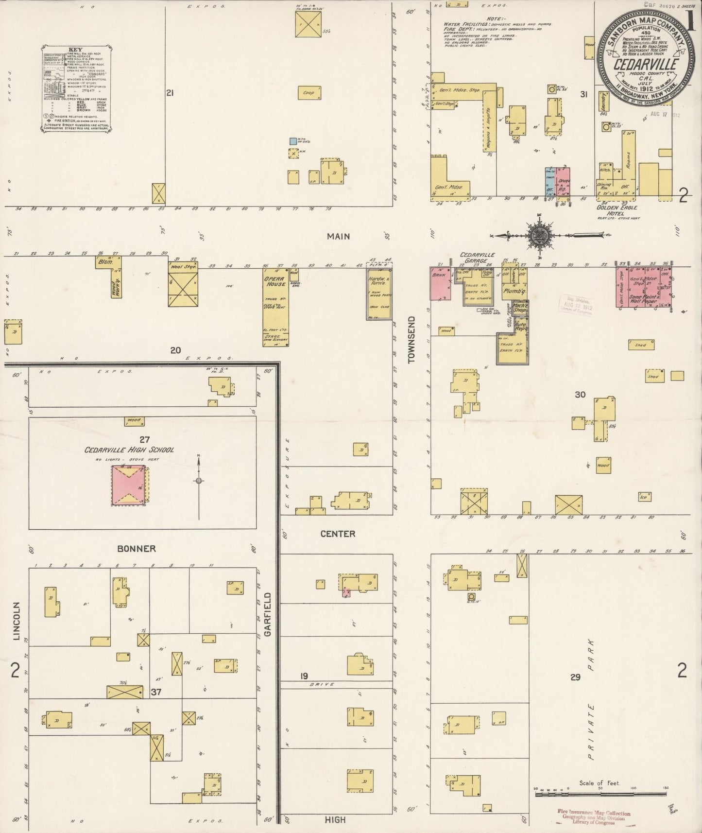Sanborn Fire Insurance Map from Cedarville, Modoc County, California (1912), Sheet #0001 - Historic Sanborn Fire Insurance Map Print, vintage old map wall art, antique decor, genealogy gift, California California map
