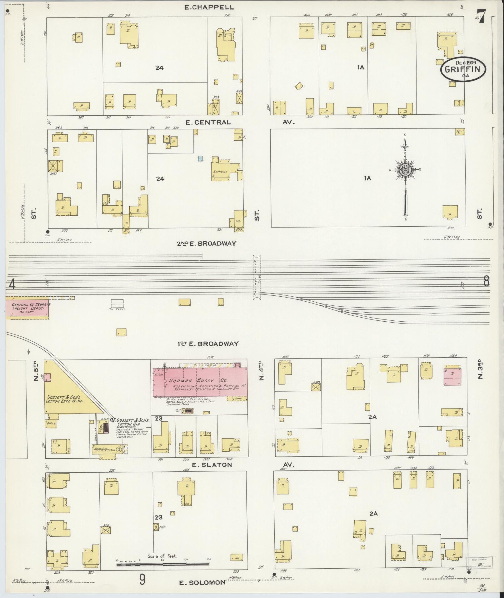 Sanborn Fire Insurance Map from Griffin, Spalding County, Georgia (1909), Sheet #0007 - Complete Map Set gallery image, historic Sanborn map, vintage wall art, Georgia Georgia