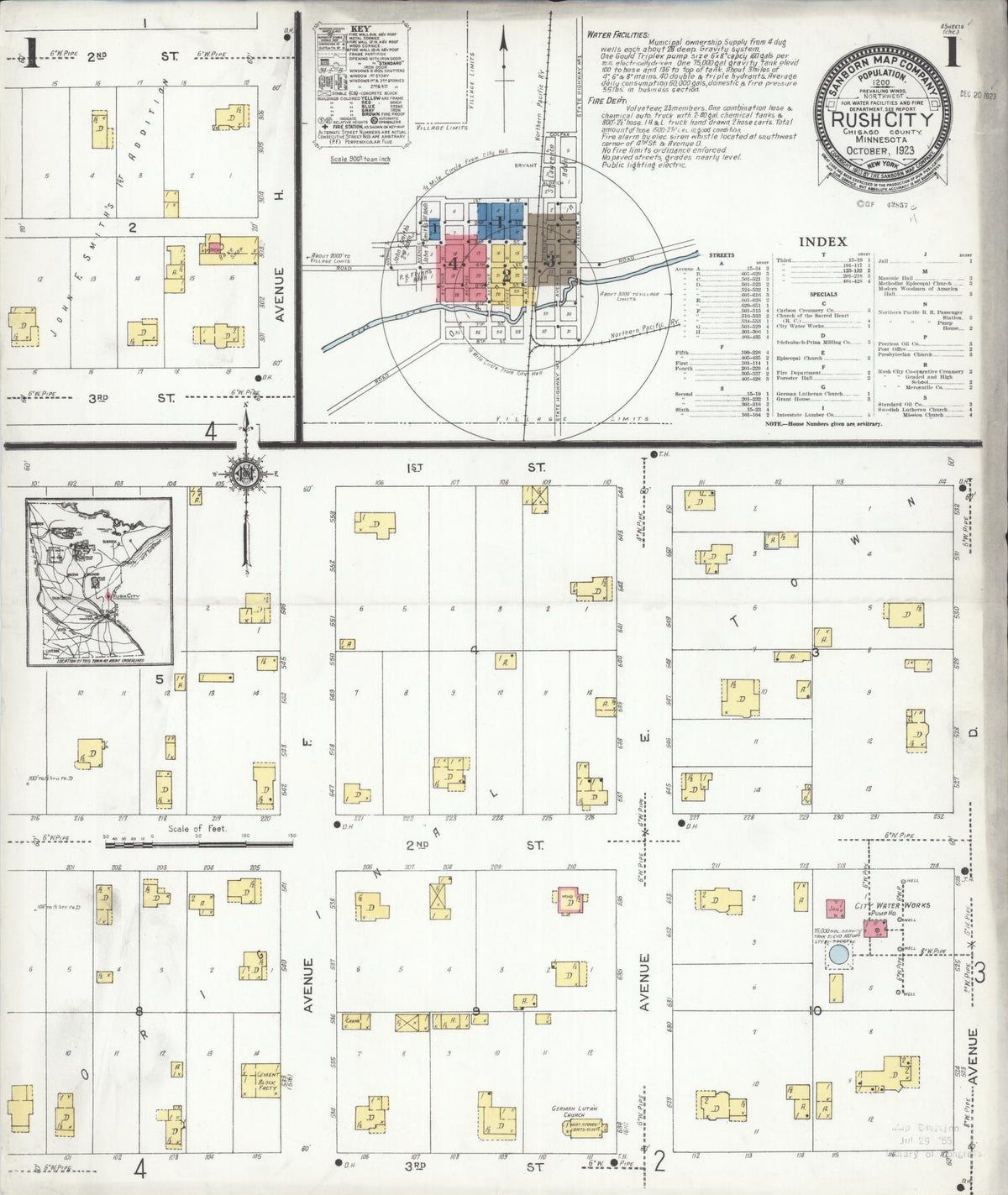 Sanborn Fire Insurance Map from Rush City, Chisago County, Minnesota (1923), Sheet #0001 - Historic Sanborn Fire Insurance Map Print, vintage old map wall art, antique decor, genealogy gift, Minnesota Minnesota map