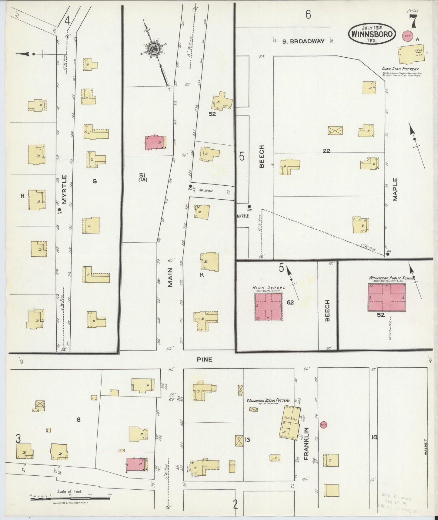 Sanborn Fire Insurance Map from Winnsboro, Wood County, Texas (1921), Sheet #0007 - Historic Sanborn Fire Insurance Map Print, vintage old map wall art, antique decor, genealogy gift, Texas Texas map