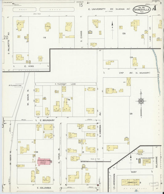 Sanborn Fire Insurance Map from Gainesville, Alachua County, Florida (1913), Sheet #0004 - Historic Sanborn Fire Insurance Map Print, vintage old map wall art, antique decor, genealogy gift, Florida Florida map