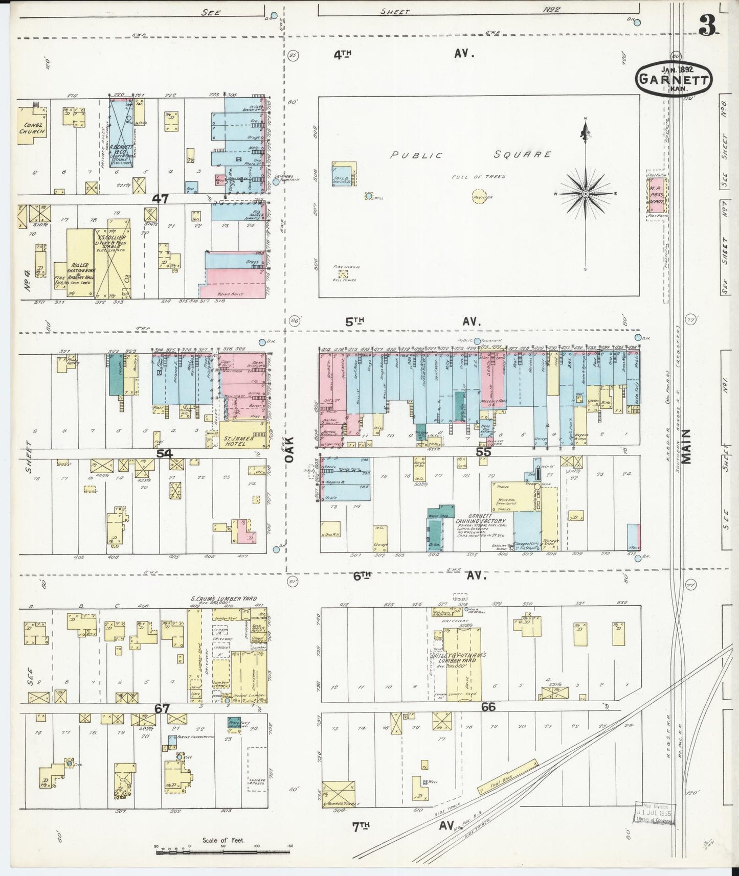 Sanborn Fire Insurance Map from Garnett, Anderson County, Kansas (1892), Sheet #0003 - Historic Sanborn Fire Insurance Map Print, vintage old map wall art, antique decor, genealogy gift, Kansas Kansas map