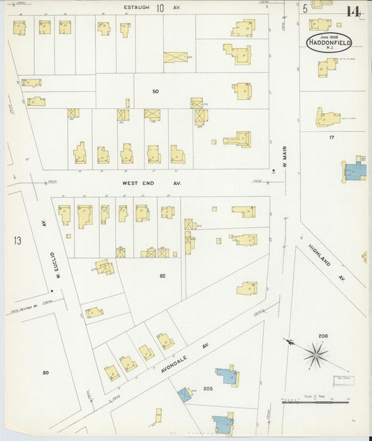 Sanborn Fire Insurance Map from Haddonfield, Camden County, New Jersey (1908), Sheet #0014 - Historic Sanborn Fire Insurance Map Print, vintage old map wall art, antique decor, genealogy gift, New Jersey New Jersey map