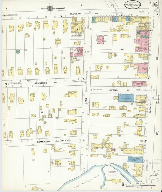 Sanborn Fire Insurance Map from Patchogue, Suffolk County, New York (1910), Sheet #0006 - Historic Sanborn Fire Insurance Map Print, vintage old map wall art, antique decor, genealogy gift, New York New York map