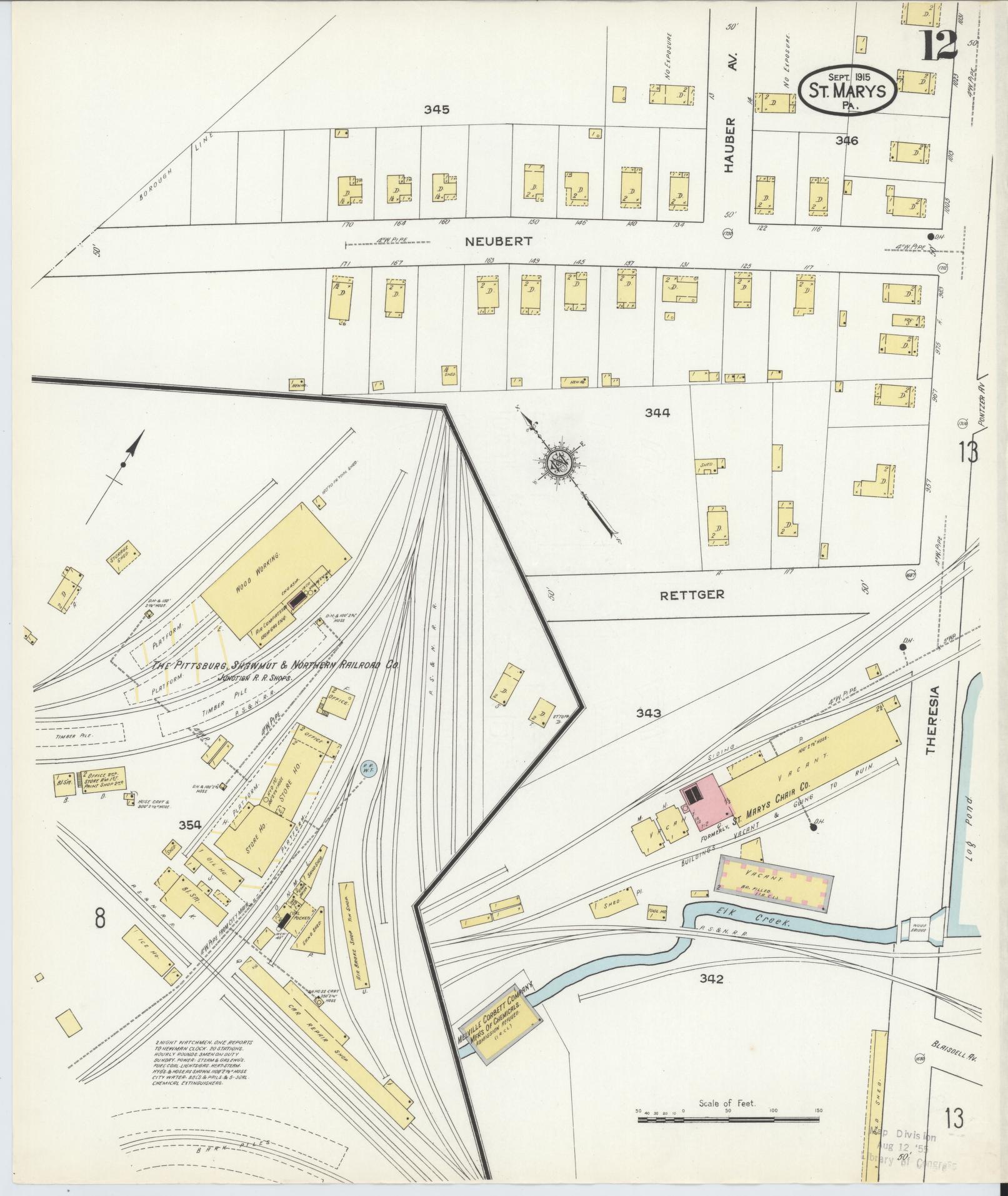 Sanborn Fire Insurance Map from Saint Marys, Elk County, Pennsylvania (1915), Sheet #0012 - Complete Map Set gallery image, historic Sanborn map, vintage wall art, Pennsylvania Pennsylvania