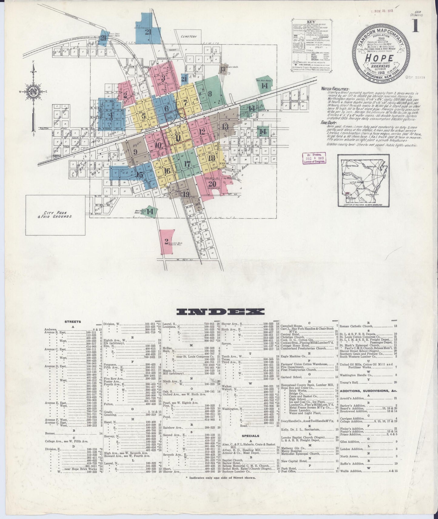 Sanborn Fire Insurance Map from Hope, Hempstead County, Arkansas (1913), Sheet #0001 - Complete Map Set gallery image, historic Sanborn map, vintage wall art, Arkansas Arkansas