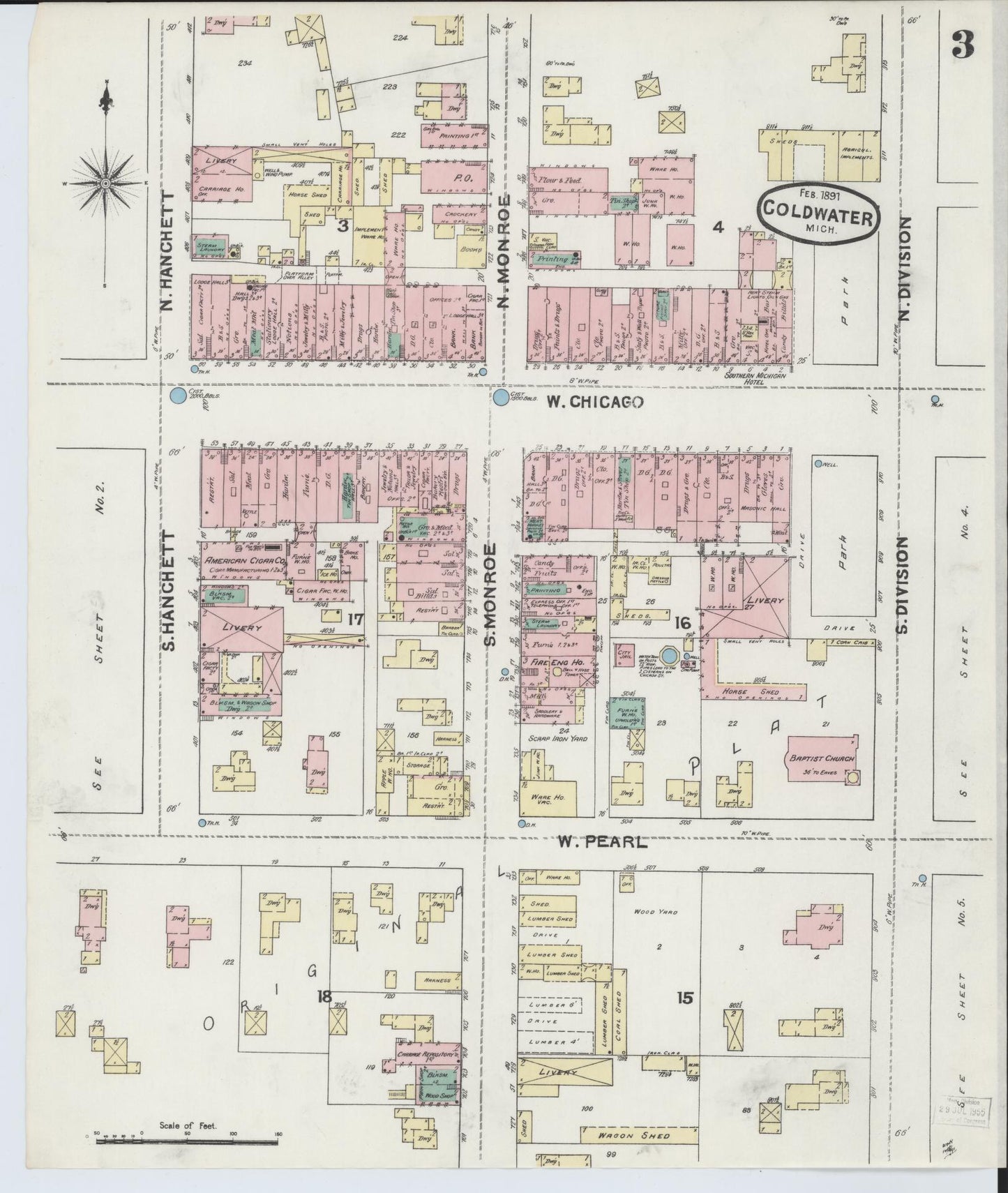 Sanborn Fire Insurance Map from Coldwater, Branch County, Michigan (1891), Sheet #0003 - Complete Map Set gallery image, historic Sanborn map, vintage wall art, Michigan Michigan