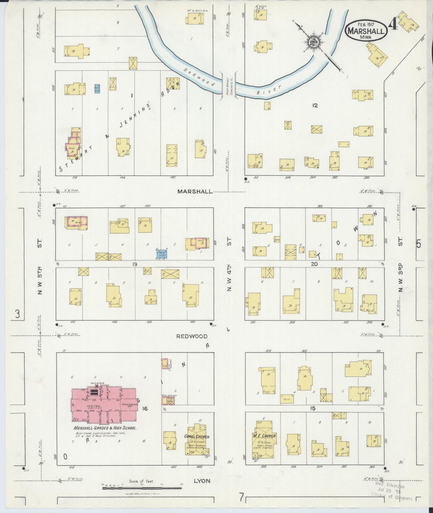 Sanborn Fire Insurance Map from Marshall, Lyon County, Minnesota (1917), Sheet #0004 - Historic Sanborn Fire Insurance Map Print, vintage old map wall art, antique decor, genealogy gift, Minnesota Minnesota map