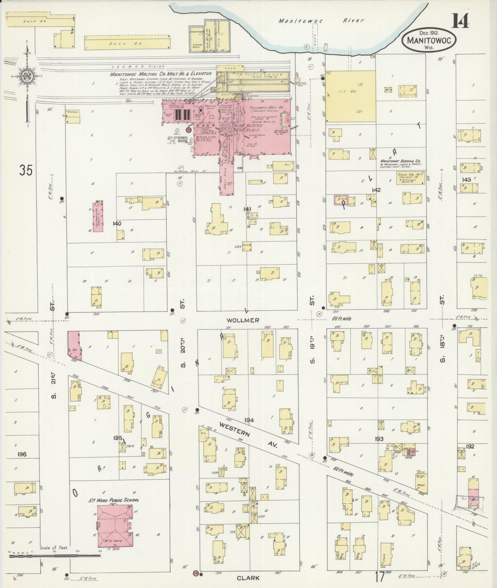 Sanborn Fire Insurance Map from Manitowoc, Manitowoc County, Wisconsin (1912), Sheet #0014 - Historic Sanborn Fire Insurance Map Print, vintage old map wall art, antique decor, genealogy gift, Wisconsin Wisconsin map