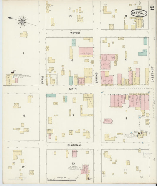 Sanborn Fire Insurance Map from Bastrop, Bastrop County, Texas (1891), Sheet #0002 - Historic Sanborn Fire Insurance Map Print, vintage old map wall art, antique decor, genealogy gift, Texas Texas map