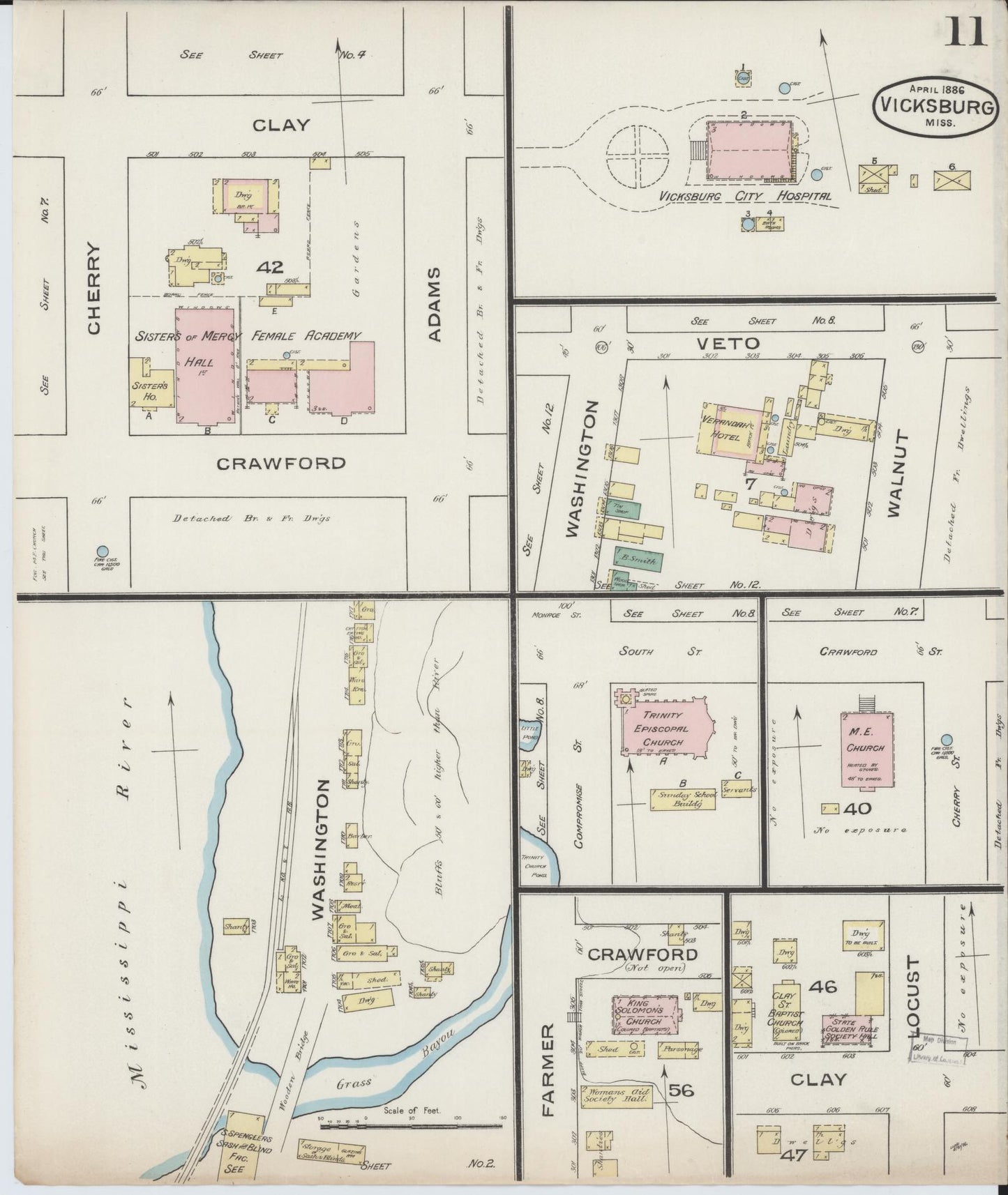 Sanborn Fire Insurance Map from Vicksburg, Warren County, Mississippi (1886), Sheet #0011 - Historic Sanborn Fire Insurance Map Print, vintage old map wall art, antique decor, genealogy gift, Mississippi Mississippi map