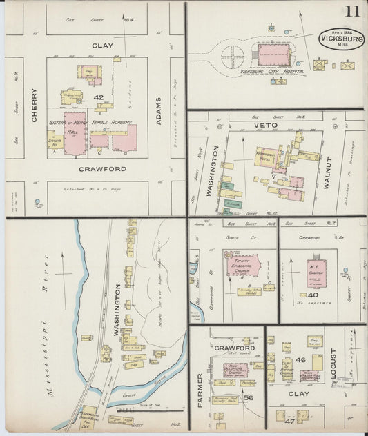 Sanborn Fire Insurance Map from Vicksburg, Warren County, Mississippi (1886), Sheet #0011 - Historic Sanborn Fire Insurance Map Print, vintage old map wall art, antique decor, genealogy gift, Mississippi Mississippi map