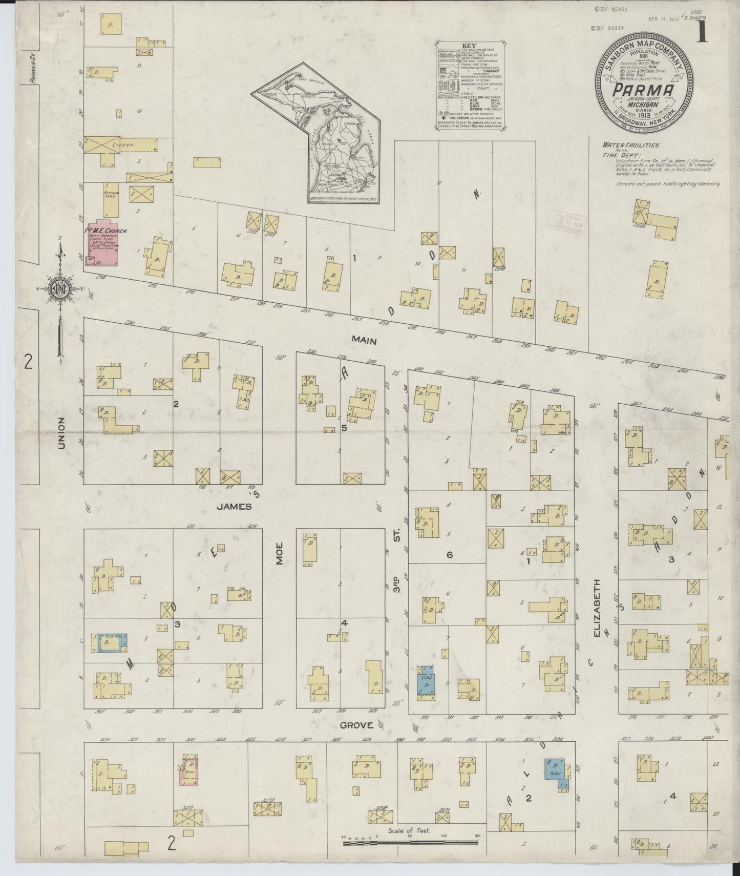 Sanborn Fire Insurance Map from Parma, Jackson County, Michigan (1913), Sheet #0001 - Complete Map Set gallery image, historic Sanborn map, vintage wall art, Michigan Michigan