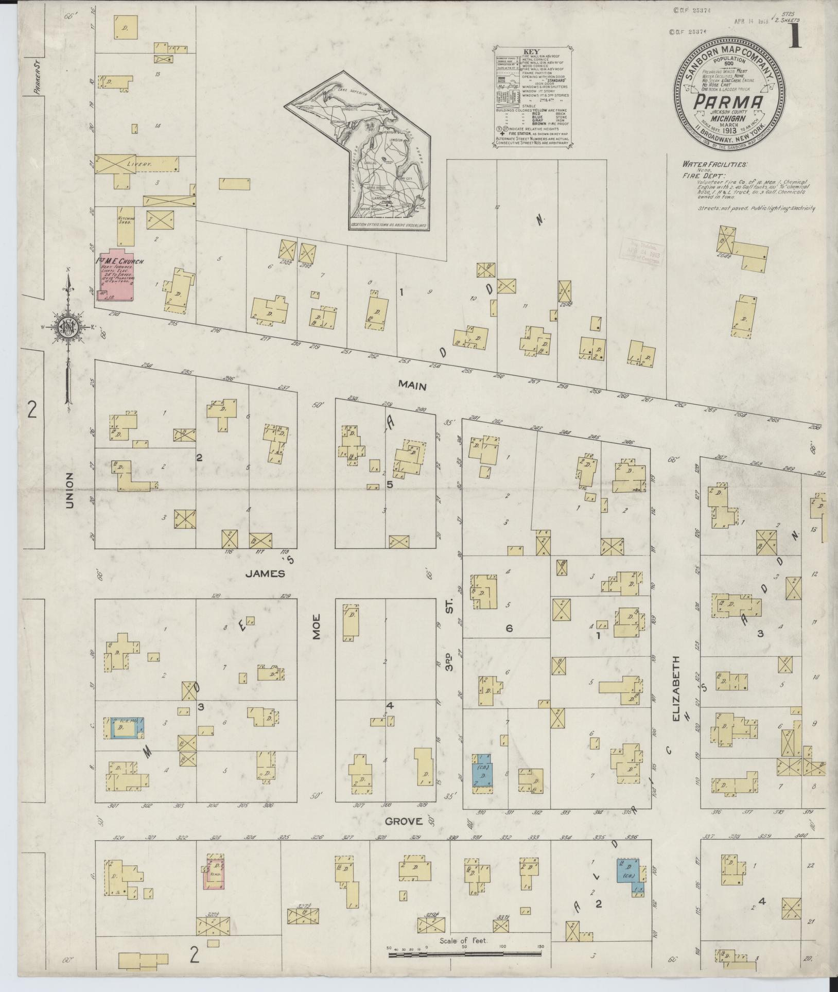 Sanborn Fire Insurance Map from Parma, Jackson County, Michigan (1913), Sheet #0001 - Complete Map Set gallery image, historic Sanborn map, vintage wall art, Michigan Michigan