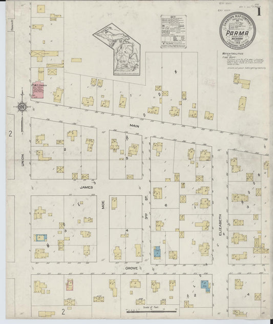 Sanborn Fire Insurance Map from Parma, Jackson County, Michigan (1913), Sheet #0001 - Complete Map Set gallery image, historic Sanborn map, vintage wall art, Michigan Michigan