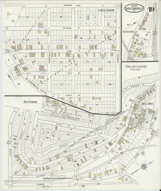 Sanborn Fire Insurance Map from Turtle Creek Valley, Allegheny County, Pennsylvania (1919), Sheet #0019 - Historic Sanborn Fire Insurance Map Print, vintage old map wall art, antique decor, genealogy gift, Pennsylvania Pennsylvania map