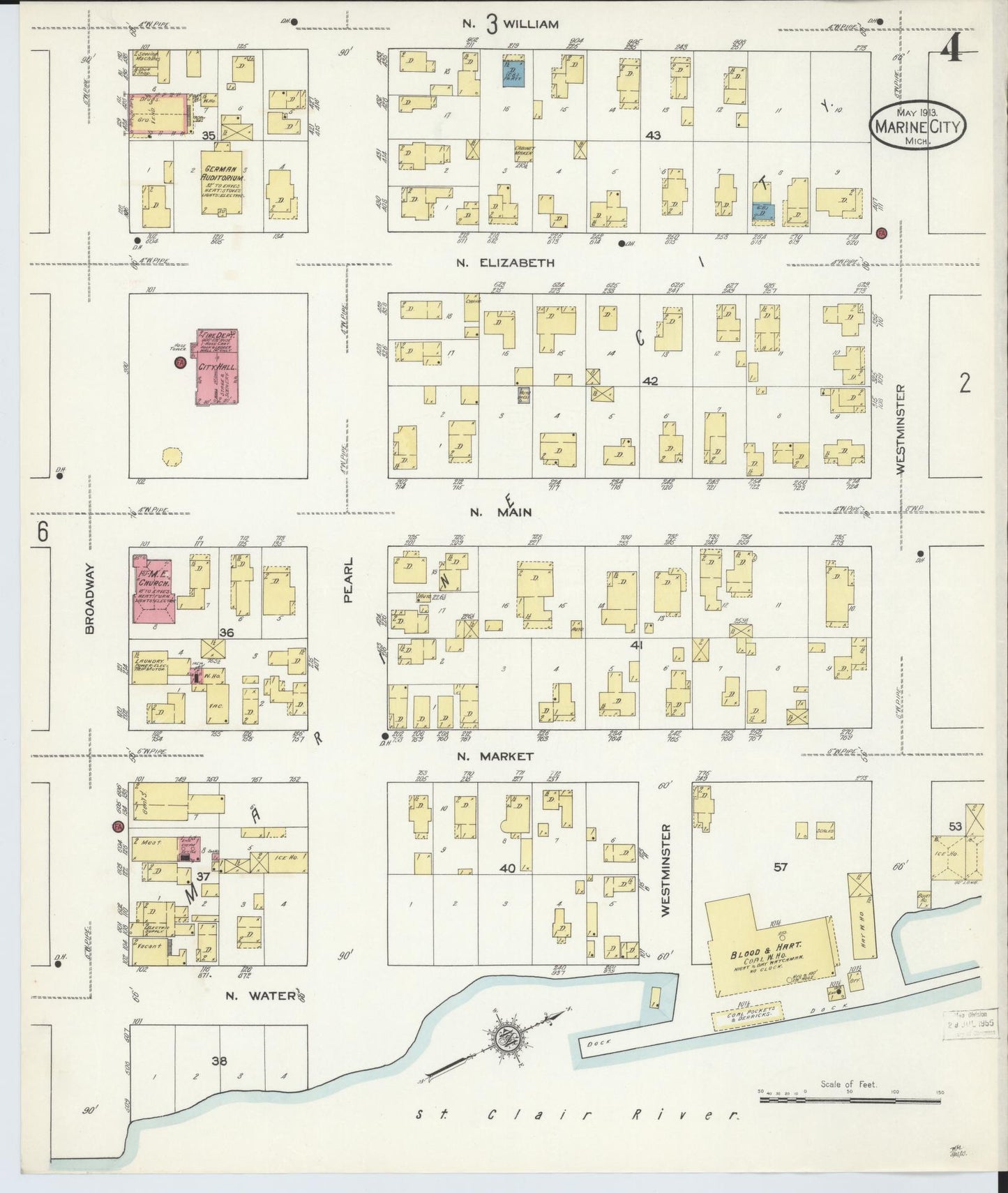 Sanborn Fire Insurance Map from Marine City, Saint Clair County, Michigan (1913), Sheet #0004 - Complete Map Set gallery image, historic Sanborn map, vintage wall art, Michigan Michigan