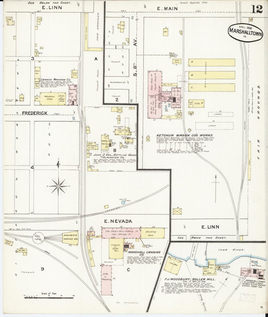 Sanborn Fire Insurance Map from Marshalltown, Marshall County, Iowa (1888), Sheet #0012 - Historic Sanborn Fire Insurance Map Print, vintage old map wall art