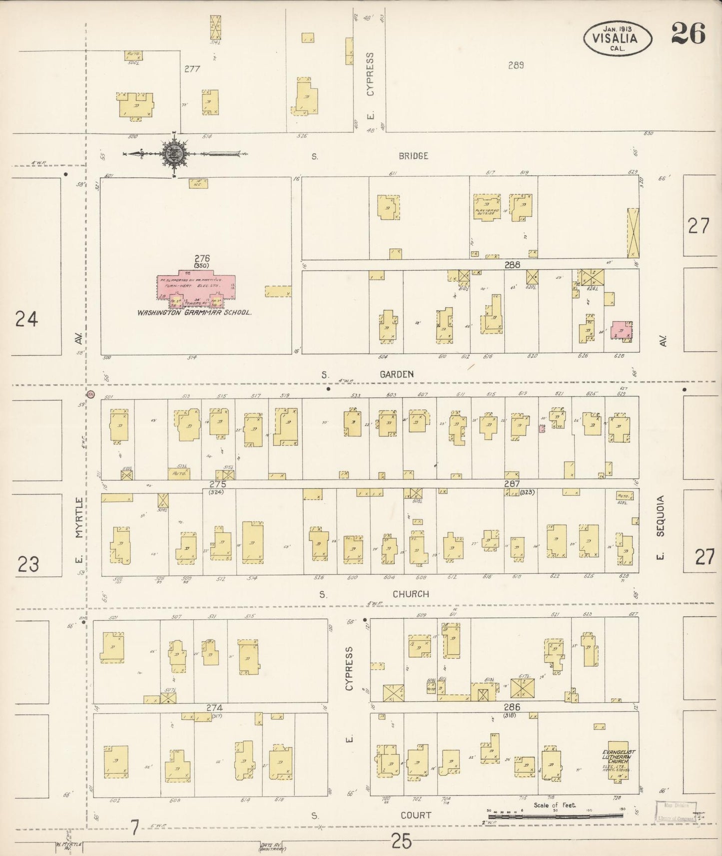 Sanborn Fire Insurance Map from Visalia, Tulare County, California (1913), Sheet #0026 - Complete Map Set gallery image, historic Sanborn map, vintage wall art, California California