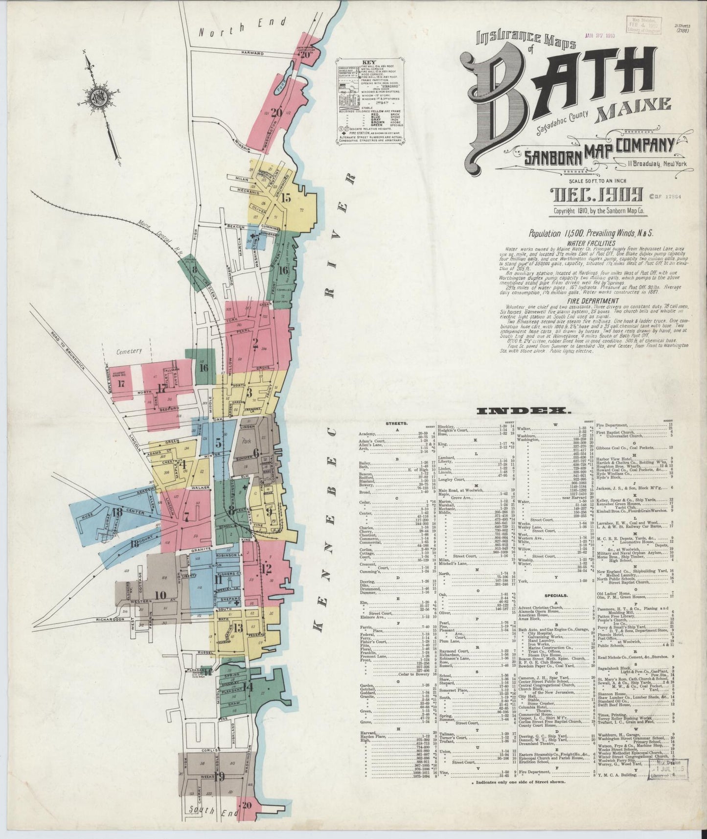 Sanborn Fire Insurance Map from Bath, Sagadahoc County, Maine (1909), Sheet #0001 - Historic Sanborn Fire Insurance Map Print, vintage old map wall art, antique decor, genealogy gift, Maine Maine map